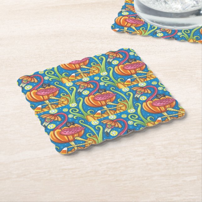 HALLOWEEN PINK FLAMINGO & SCHWARZE KATZE IN PUMPKI UNTERSETZER (angewinkelt)