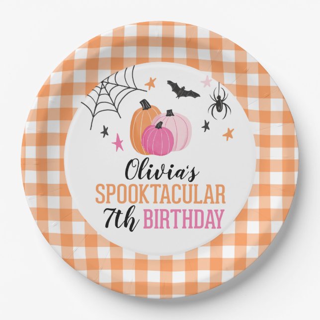 Halloween Pink Pumpkins Orange Kariertes Geburtsta Pappteller (Vorderseite)