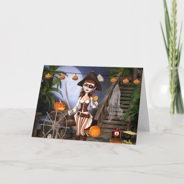 Halloween-Piraten-Mädchen-Raum-Gruß-Karte Karte (Vorderseite)