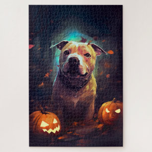 Halloween Pitbull mit Pumpkins Beängstigend
