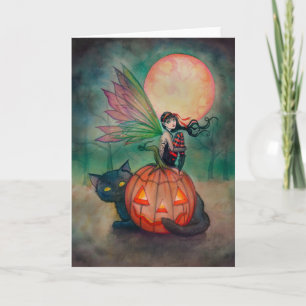 Halloween Pixie Fairy und Black Cat Fantasy Art Karte