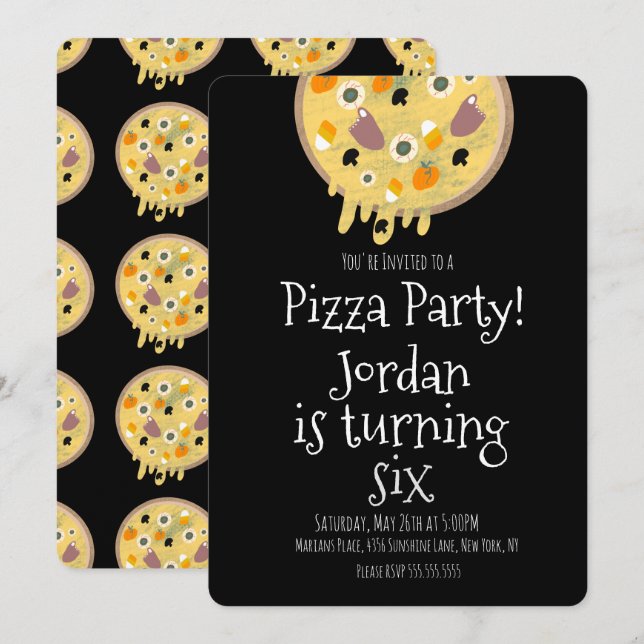 Halloween Pizza Party Gross Toppings Geburtstag Einladung (Vorne/Hinten)
