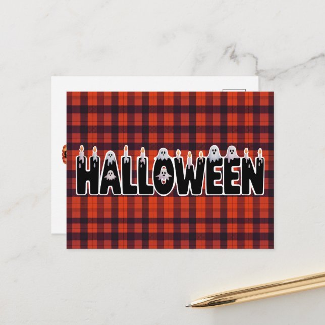 Halloween Plaid Ghost Lettering Postkarte (Vorderseite/Rückseite Beispiel)