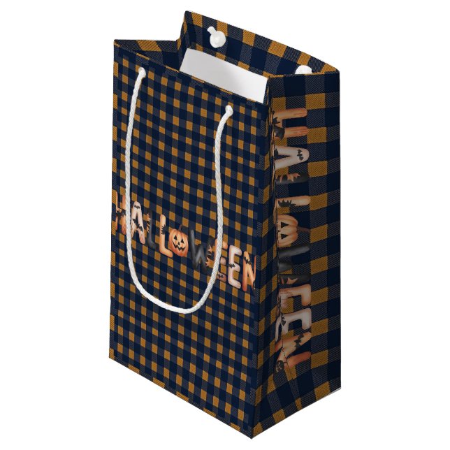 Halloween Plaid Pumpkin Kleine Geschenktüte (Vorderseite Schrägansicht)