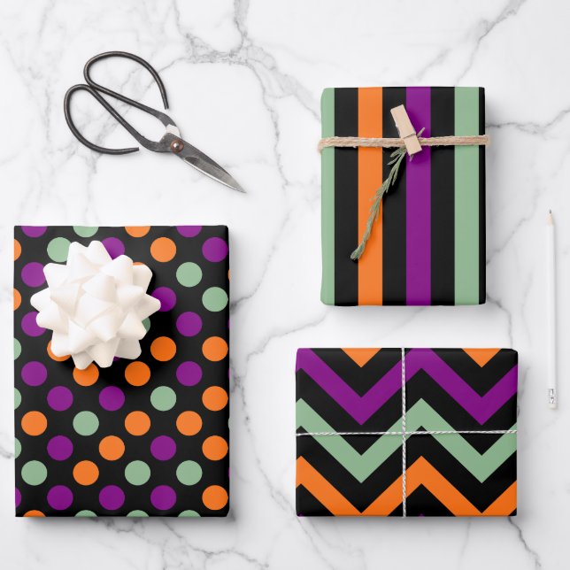 Halloween Polka Dots, Streifen und Zickzack Geschenkpapier Set (Vorderseite)