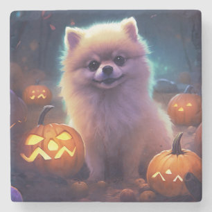 Halloween Pomeranian mit Kürbissen Gruselig Steinuntersetzer