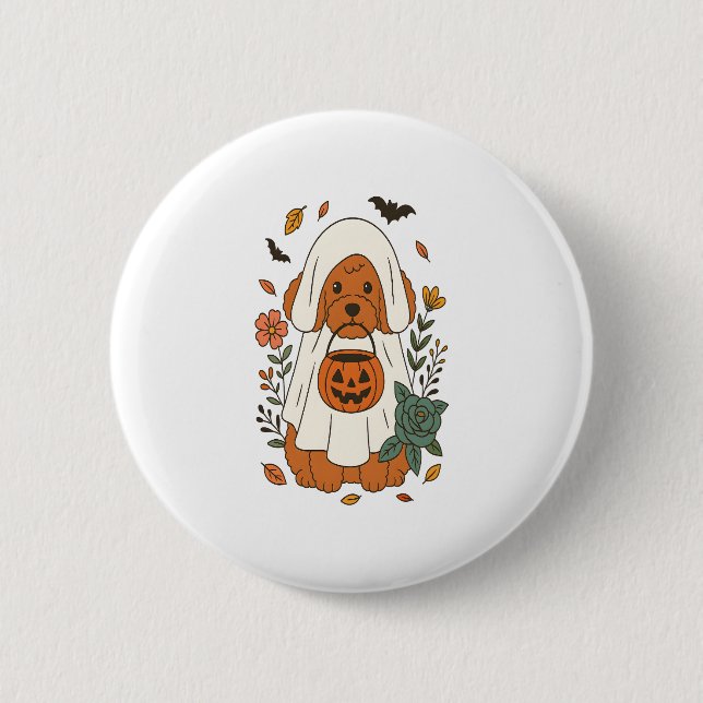 Halloween Poodle mit Herbst-Blume Button (Vorderseite)