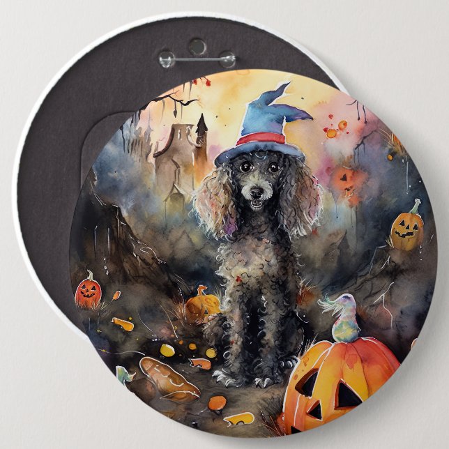 Halloween Poodle mit Pumpkins Beängstigend Button (Vorne & Hinten)