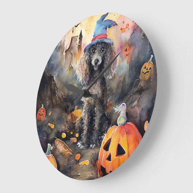 Halloween Poodle mit Pumpkins Beängstigend Große Wanduhr (Winkel)