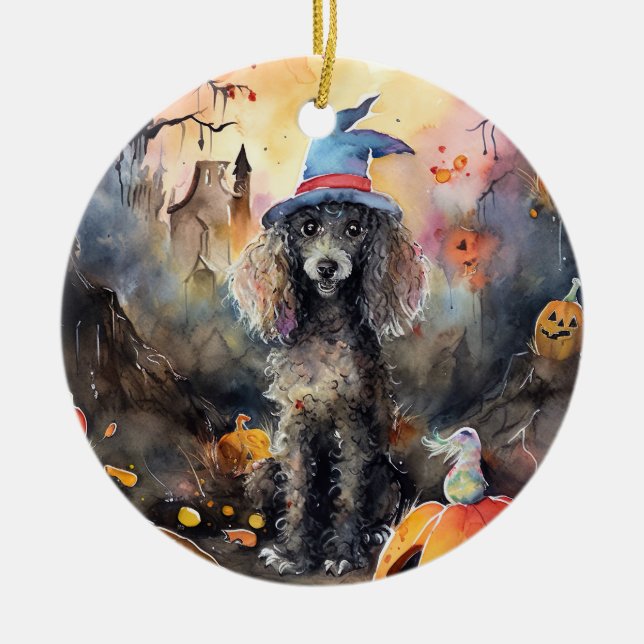Halloween Poodle mit Pumpkins Beängstigend Keramik Ornament (Vorne)