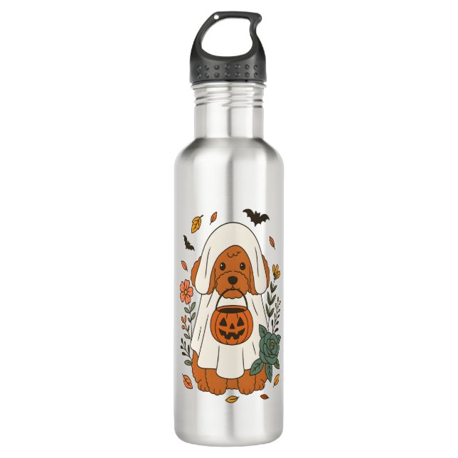 Halloween Poodle with Fall Flowers Edelstahlflasche (Vorderseite)