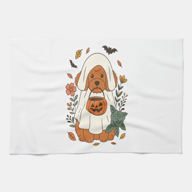 Halloween Poodle with Fall Flowers Geschirrtuch (Horizontal)