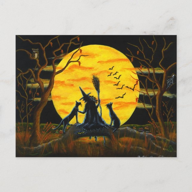 Halloween, Postkarte, Hexe, Schwarz, Katzen, Flede Postkarte (Vorderseite)