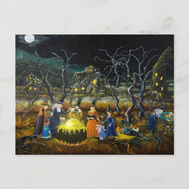 Halloween Postkarte, Hexen um Kessel Postkarte (Vorderseite)