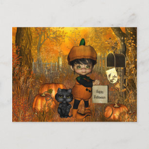 Halloween Postkarte mit Junge und Kürbis