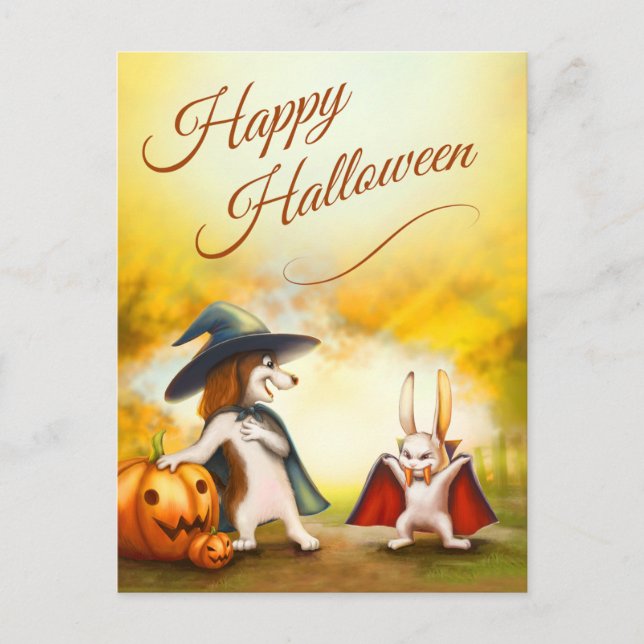 Halloween Postkarte mit niedlichen Tieren (Vorderseite)