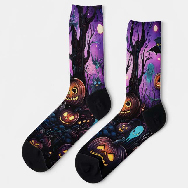 Halloween Print, Pumpkin, Helle Farben Socken (Linkes Detail)