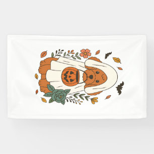Halloween-Pudel mit Herbstblumen Banner
