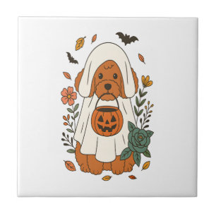 Halloween-Pudel mit Herbstblumen Fliese
