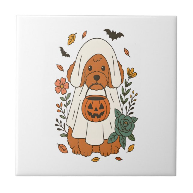 Halloween-Pudel mit Herbstblumen Fliese (Vorderseite)