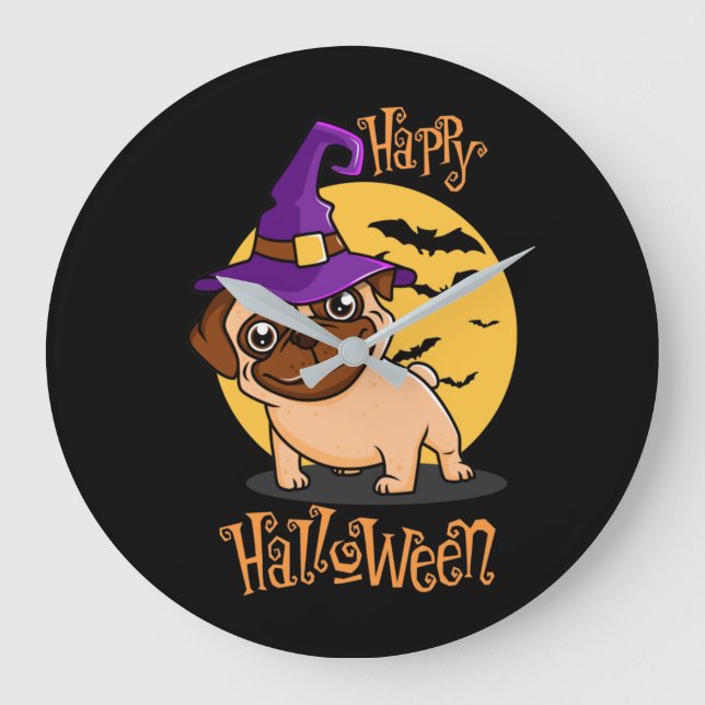 Halloween Puggy Wall Clock Große Wanduhr (Vorderseite)