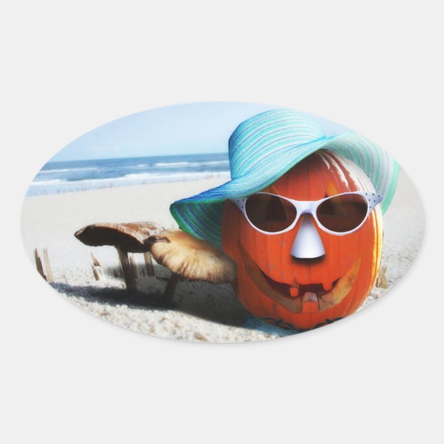 Halloween Pumpkin am Strand Ovaler Aufkleber (Vorderseite)