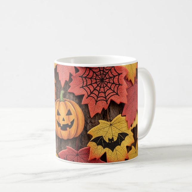 Halloween Pumpkin & Autumn Leaves Coffee Tasse (VorderseiteRechts)