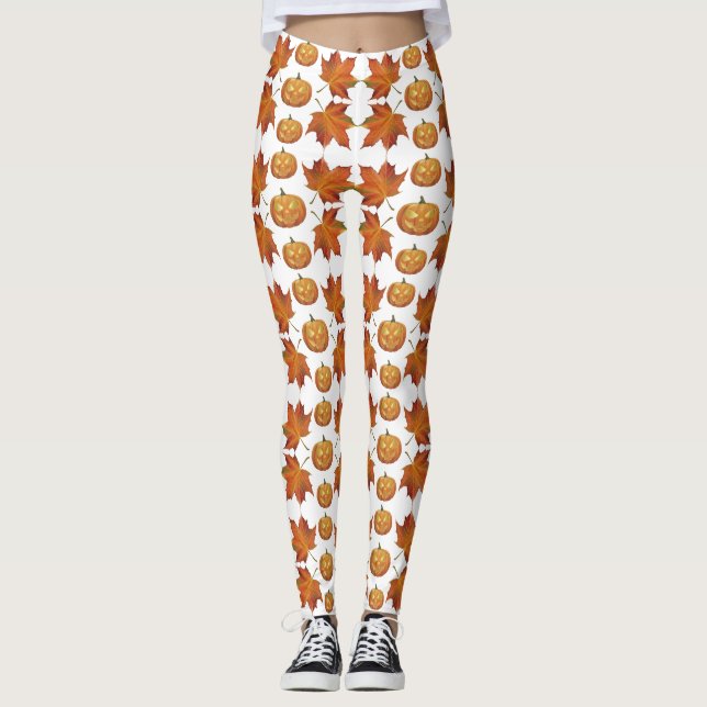 Halloween Pumpkin & Autumn Leaves Muster Leggings (Vorderseite)