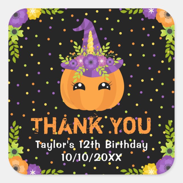 Halloween Pumpkin Birthday Black Danke Square Quadratischer Aufkleber (Vorderseite)