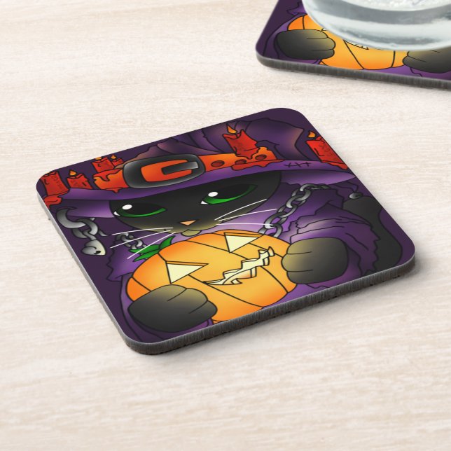 Halloween Pumpkin Black Hexenkatze Getränkeuntersetzer (Linke Seite)