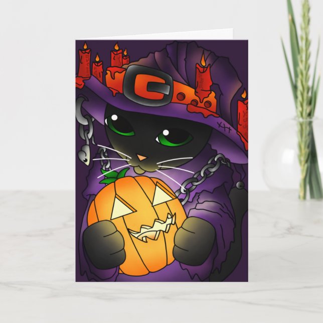 Halloween Pumpkin Black Hexenkatze Karte (Vorderseite)