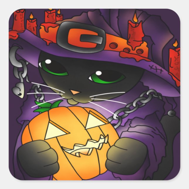 Halloween Pumpkin Black Hexenkatze Quadratischer Aufkleber (Vorderseite)