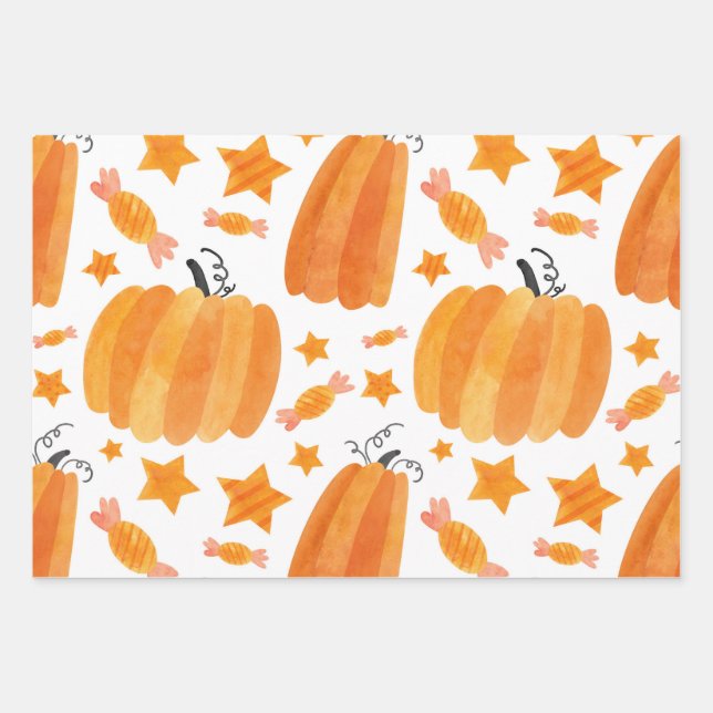 Halloween Pumpkin & Candies Trick or Treattern Geschenkpapier Set (Vorderseite)