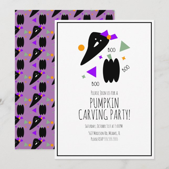 Halloween Pumpkin Carving Niedlich Ghost Confetti Einladung (Vorne/Hinten)