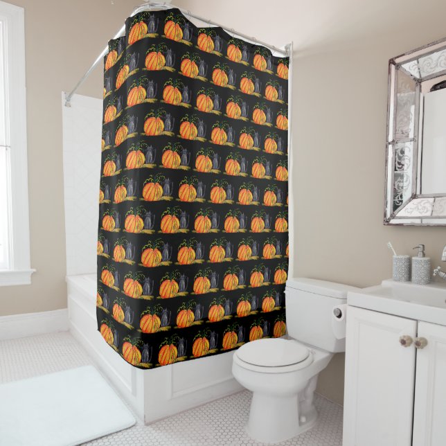 Halloween Pumpkin Cat Niedliches Muster Orange Fal Duschvorhang (Beispiel)