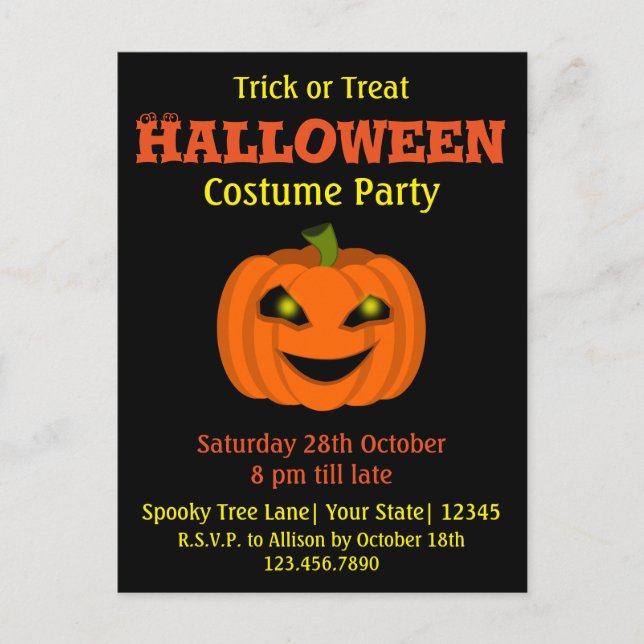 Halloween Pumpkin Costume Party Einladungspostkarte (Vorderseite)