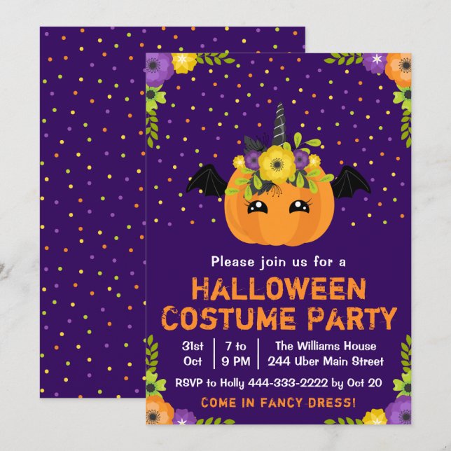Halloween Pumpkin Costume Party Lila Einladung (Vorne/Hinten)