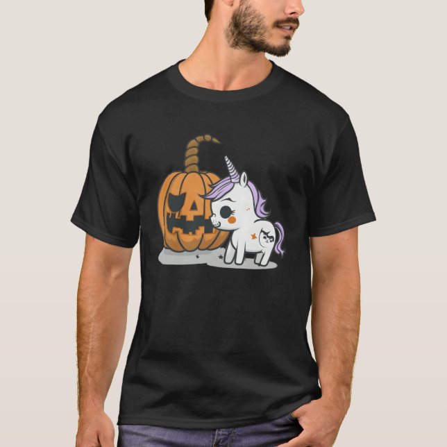 Halloween pumpkin eats unicorn skeleton candy T-Shirt (Vorderseite)