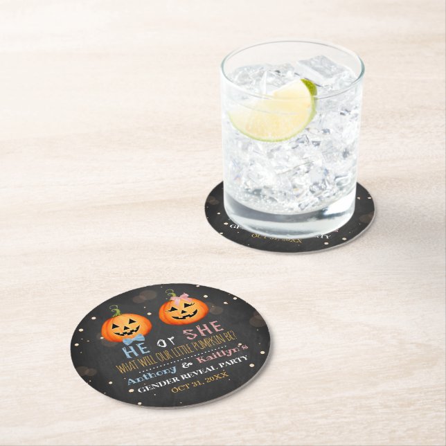 Halloween Pumpkin Gender Reveal Party Runder Pappuntersetzer (Vor Ort)