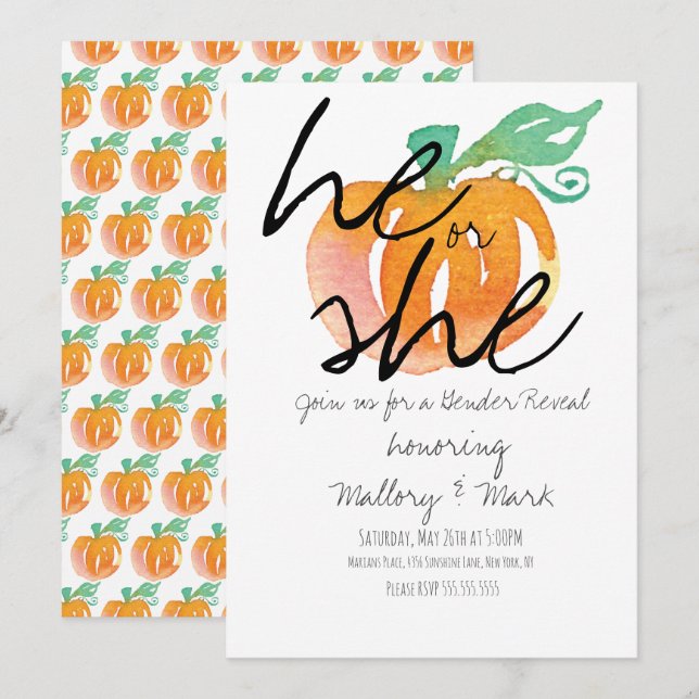 Halloween Pumpkin Hand Watercolor Gender Reveal Einladung (Vorne/Hinten)