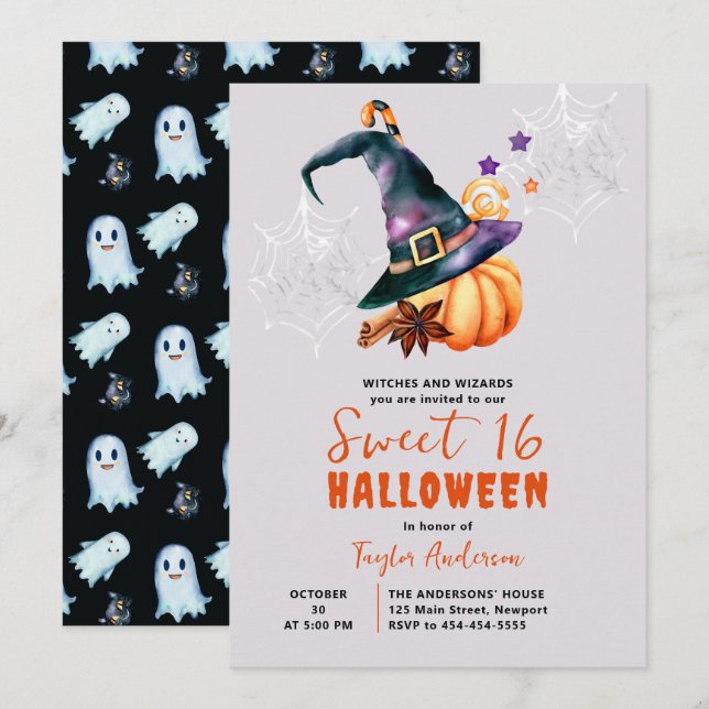 Halloween Pumpkin Hexe Candy Ghosts Niedlich Sweet Einladung (Vorne/Hinten)