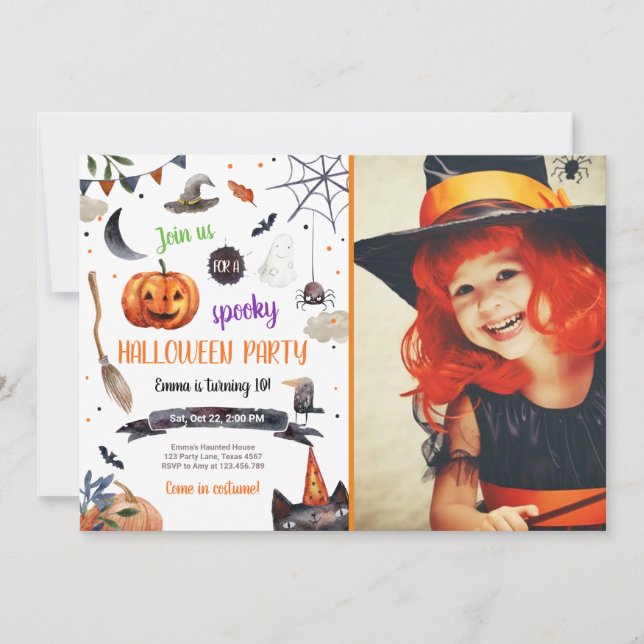 Halloween Pumpkin Hexe Kat Spider Spooky Geburtsta Einladung (Vorderseite)