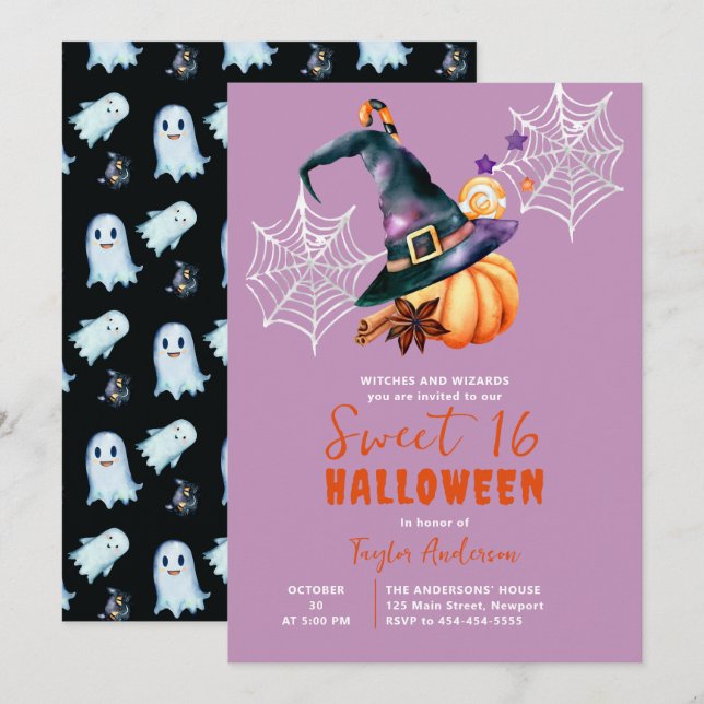 Halloween Pumpkin Hexenhut Ghosts Lila Sweet 16 Einladung (Vorne/Hinten)