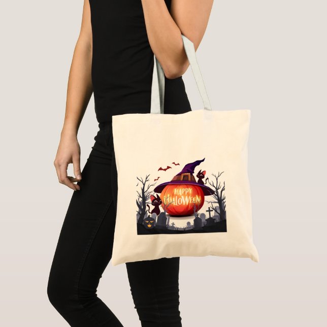 Halloween Pumpkin, Hexenhut und Schwarze Katzen Tragetasche (Vorderseite (Produkt))