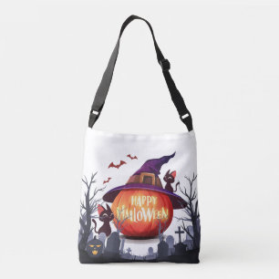 Halloween Pumpkin, Hexenhut und Schwarze Katzen Tragetaschen Mit Langen Trägern