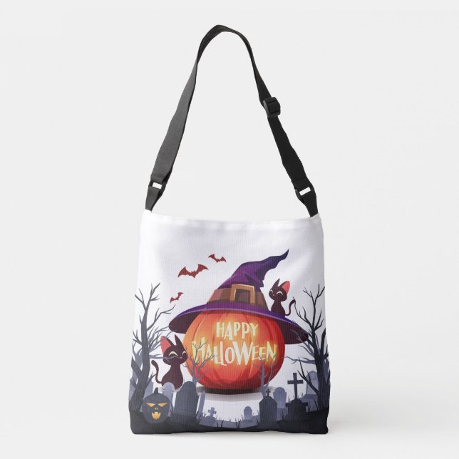 Halloween Pumpkin, Hexenhut und Schwarze Katzen Tragetaschen Mit Langen Trägern (Rückseite)