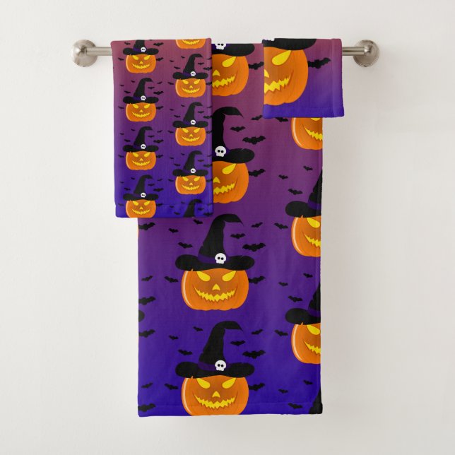 Halloween Pumpkin Jack o’ Lantern Hexenhut Badhandtuch Set (Insitu)