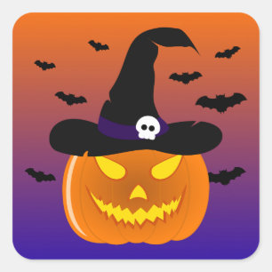 Halloween Pumpkin Jack o’ Lantern Hexenhut Quadratischer Aufkleber