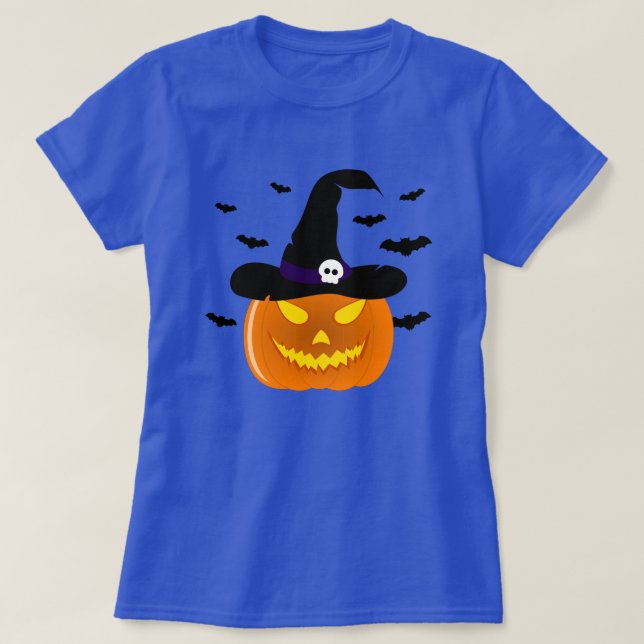 Halloween Pumpkin Jack o’ Lantern Hexenhut T-Shirt (Design vorne)
