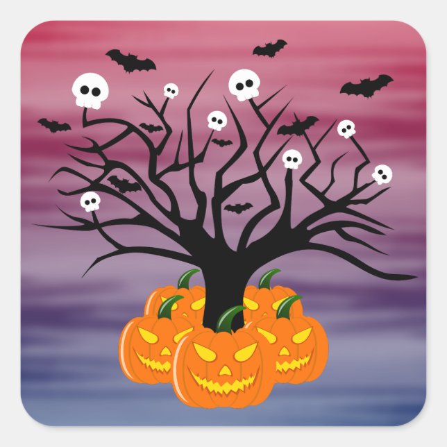 Halloween Pumpkin Jack o’ Lantern Totenbaum Quadratischer Aufkleber (Vorderseite)